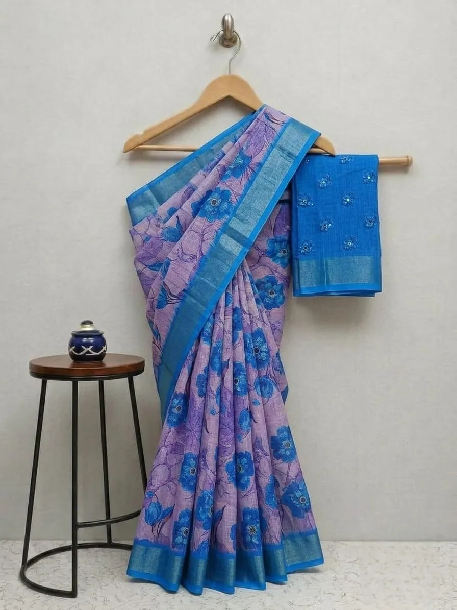 Lavender with Royal Blue Floral Linen Cotton Saree